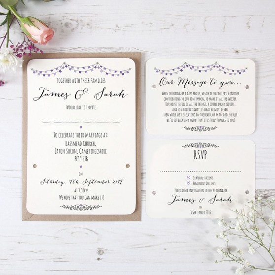 'Purple Flag Bunting' Hole-punched Wedding Invitation Sample