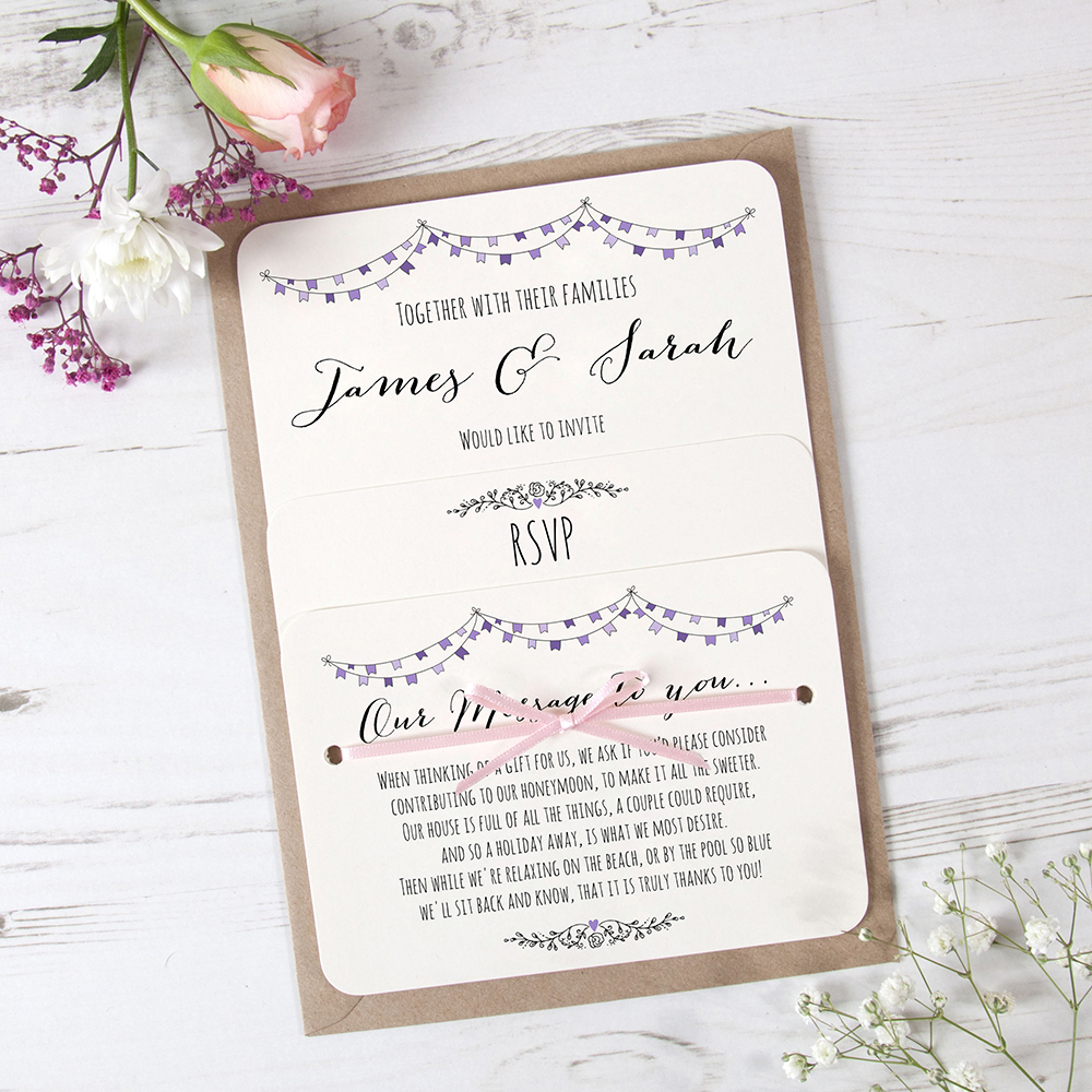 'Purple Flag Bunting' Hole-punched Wedding Invitation
