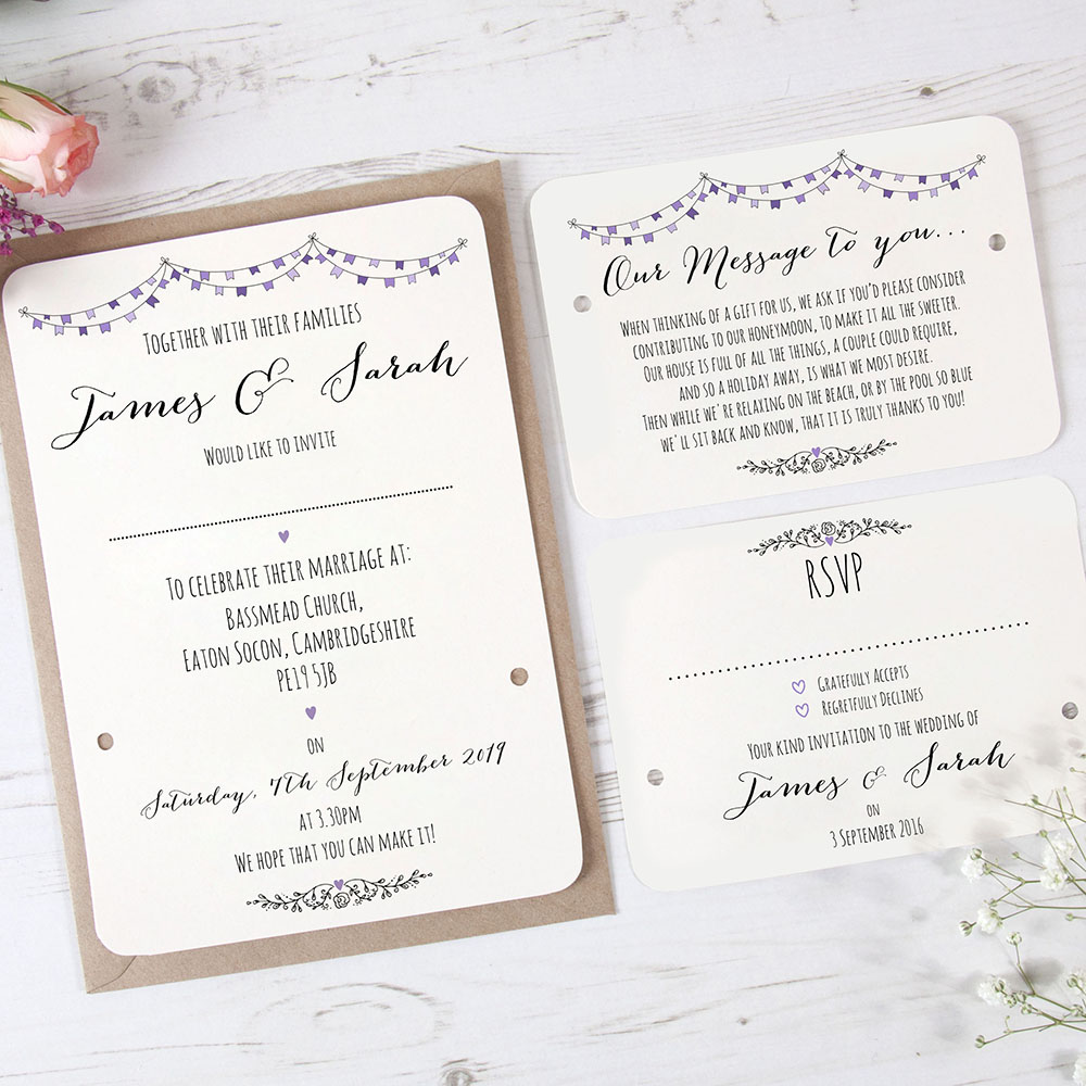 'Purple Flag Bunting' Hole-punched Wedding Invitation