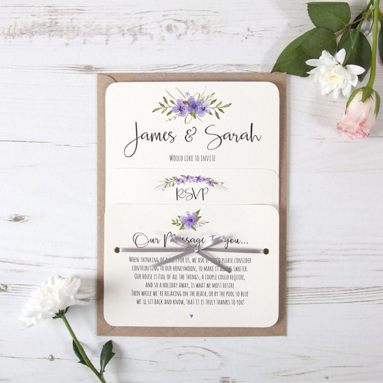 'Purple Multi Floral Watercolour' Hole-punched Wedding Invitation Sample