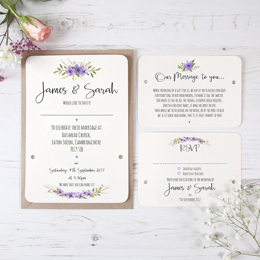 'Purple Multi Floral Watercolour' Hole-punched Wedding Invitation