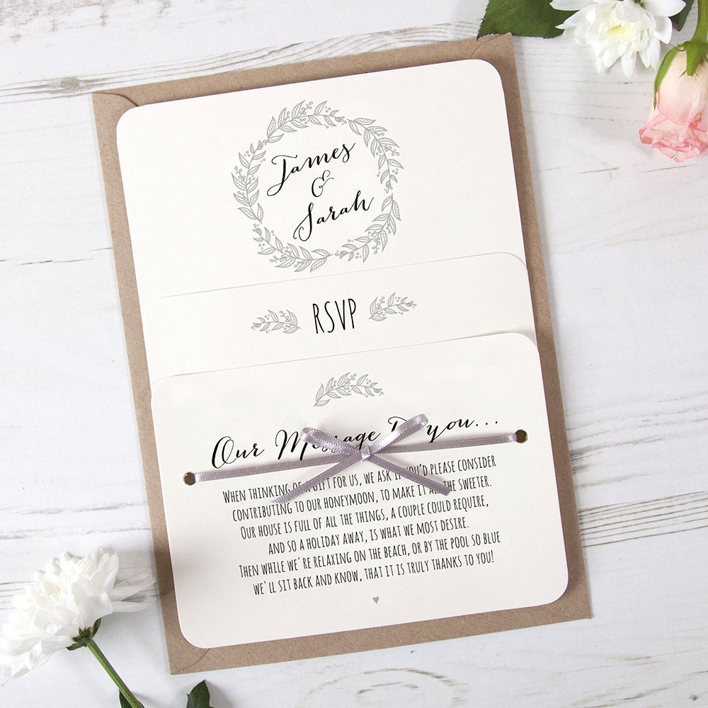 'Silver Grey Wreath' Hole-punched Wedding Invitation 