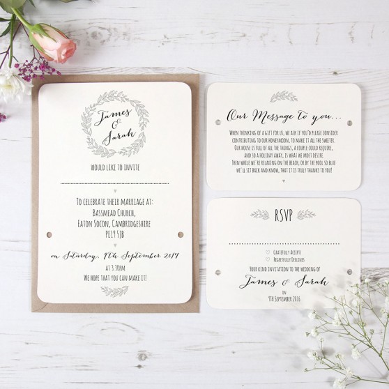 'Silver Grey Wreath' Hole-punched Wedding Invitation Sample