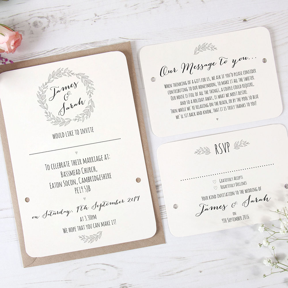 'Silver Grey Wreath' Hole-punched Wedding Invitation 