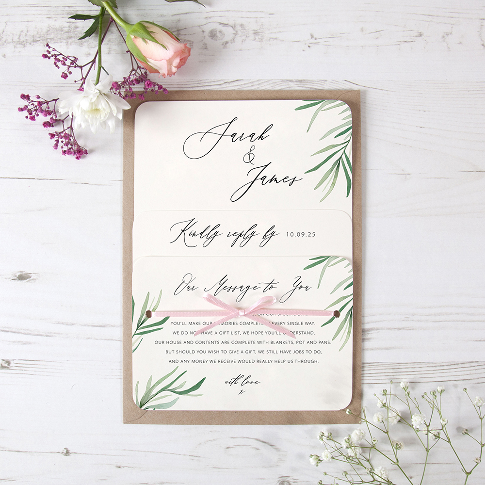 'Willow Eucalyptus' Hole-punched Wedding Invitation Sample