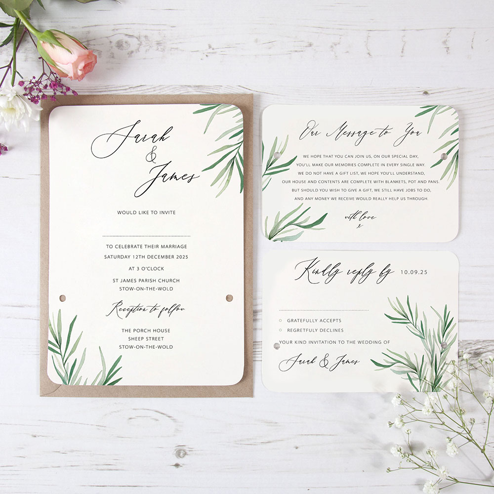 'Willow Eucalyptus' Hole-punched Wedding Invitation Sample