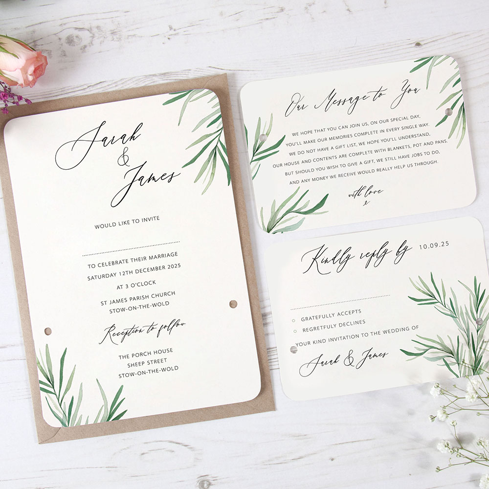 'Willow Eucalyptus' Hole-punched Wedding Invitation Sample