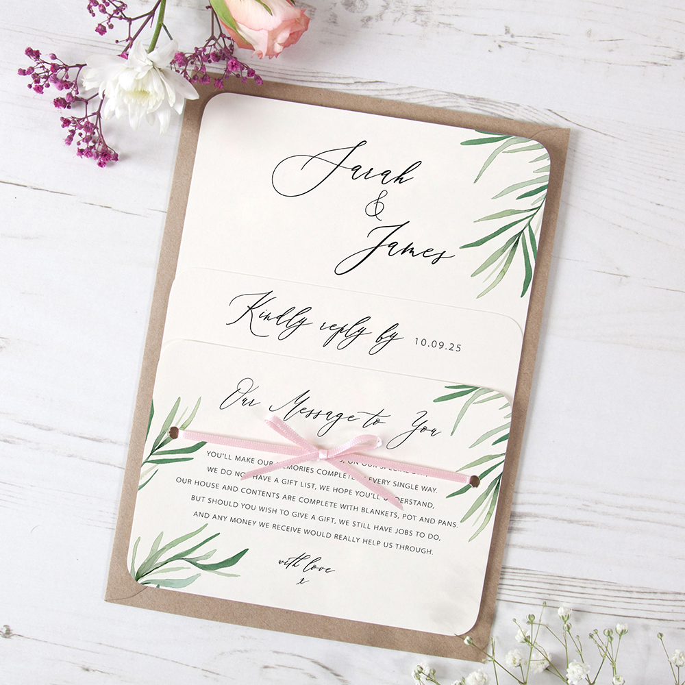 'Willow Eucalyptus' Hole-punched Wedding Invitation Sample