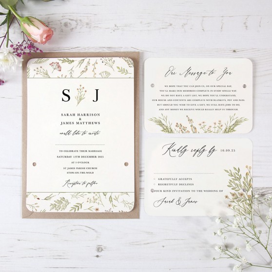'Woodland Floral' Hole-punched Wedding Invitation Sample
