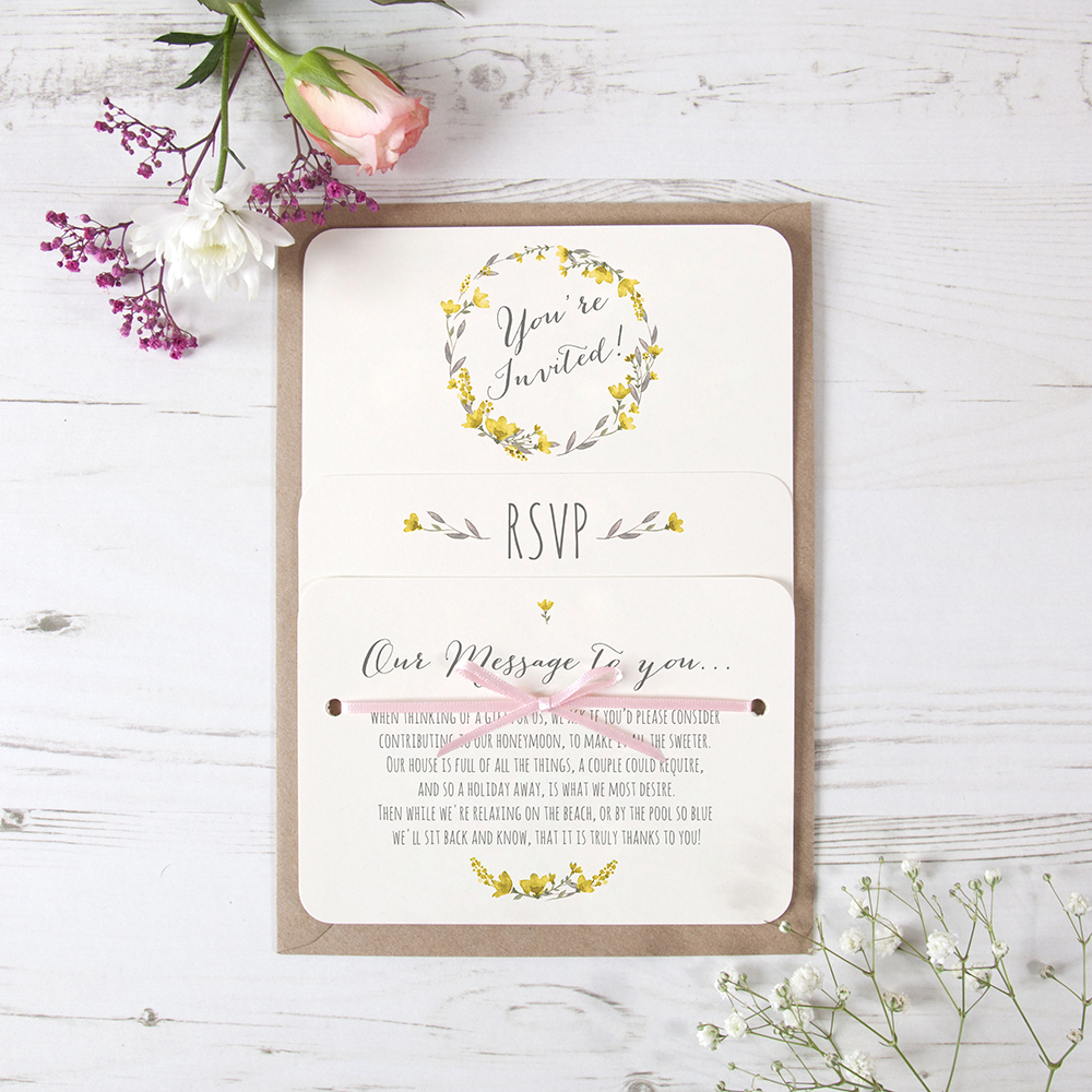 'Yellow Floral Watercolour' Hole-punched Wedding Invitation