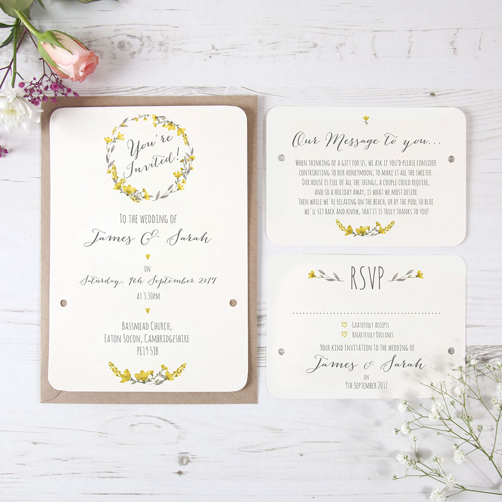 'Yellow Floral Watercolour' Hole-punched Wedding Invitation