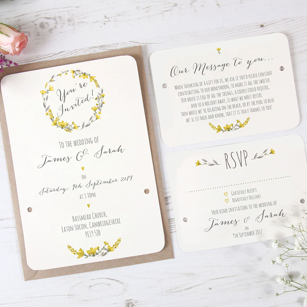 'Yellow Floral Watercolour' Hole-punched Wedding Invitation