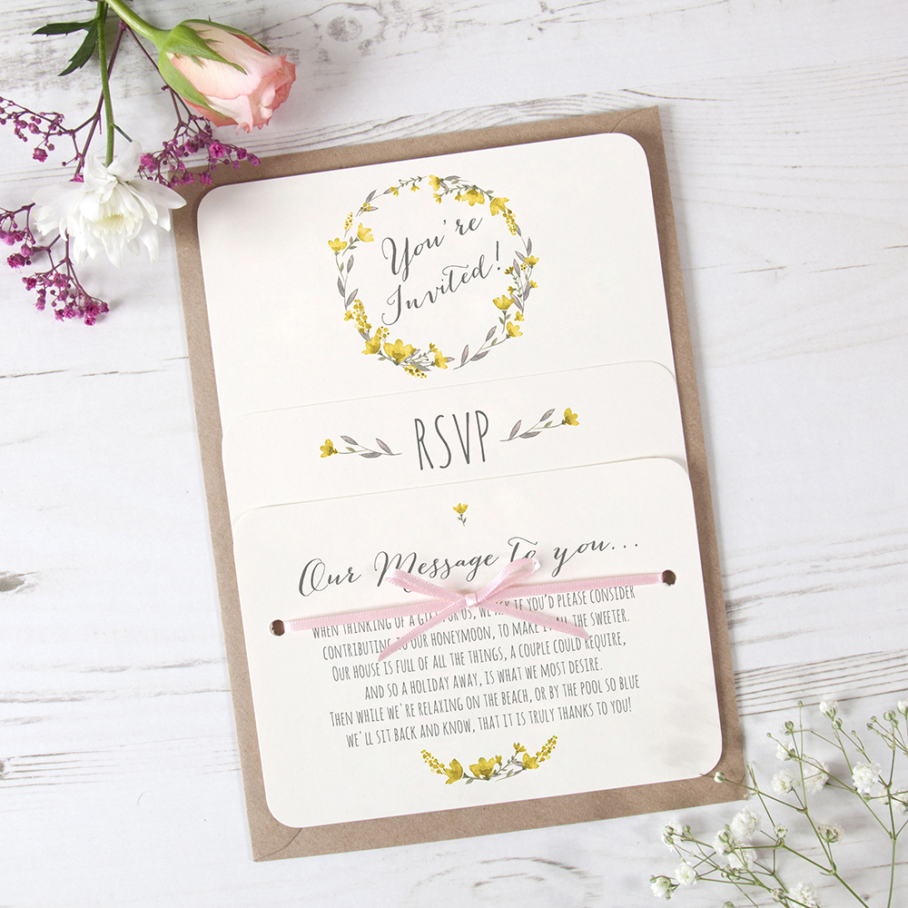 'Yellow Floral Watercolour' Hole-punched Wedding Invitation