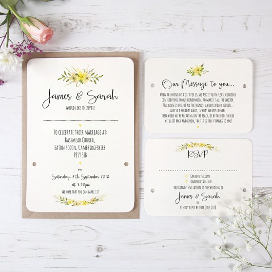 'Yellow Multi Floral Watercolour' Hole-punched Wedding Invitation Sample