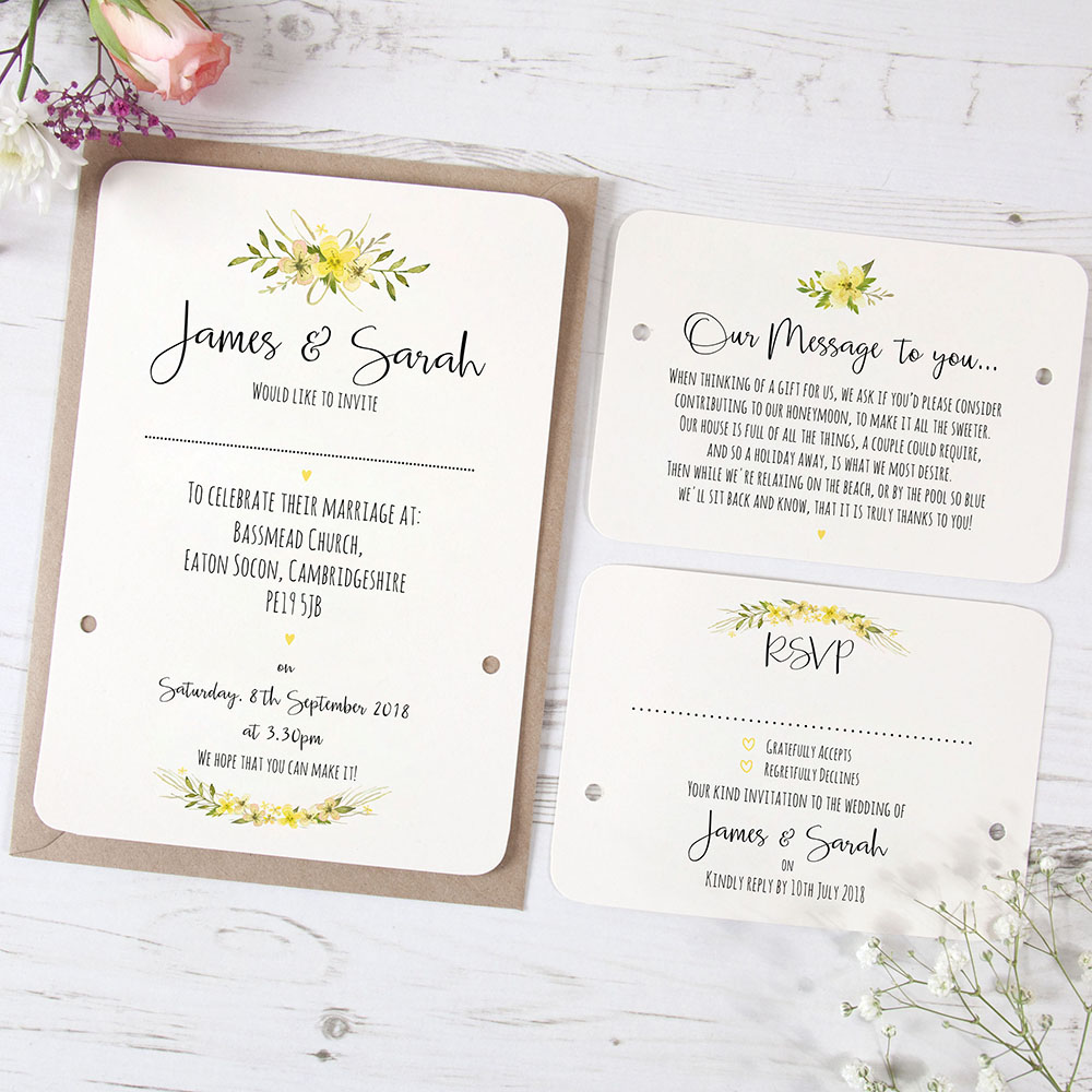 'Yellow Multi Floral Watercolour' Hole-punched Wedding Invitation Sample