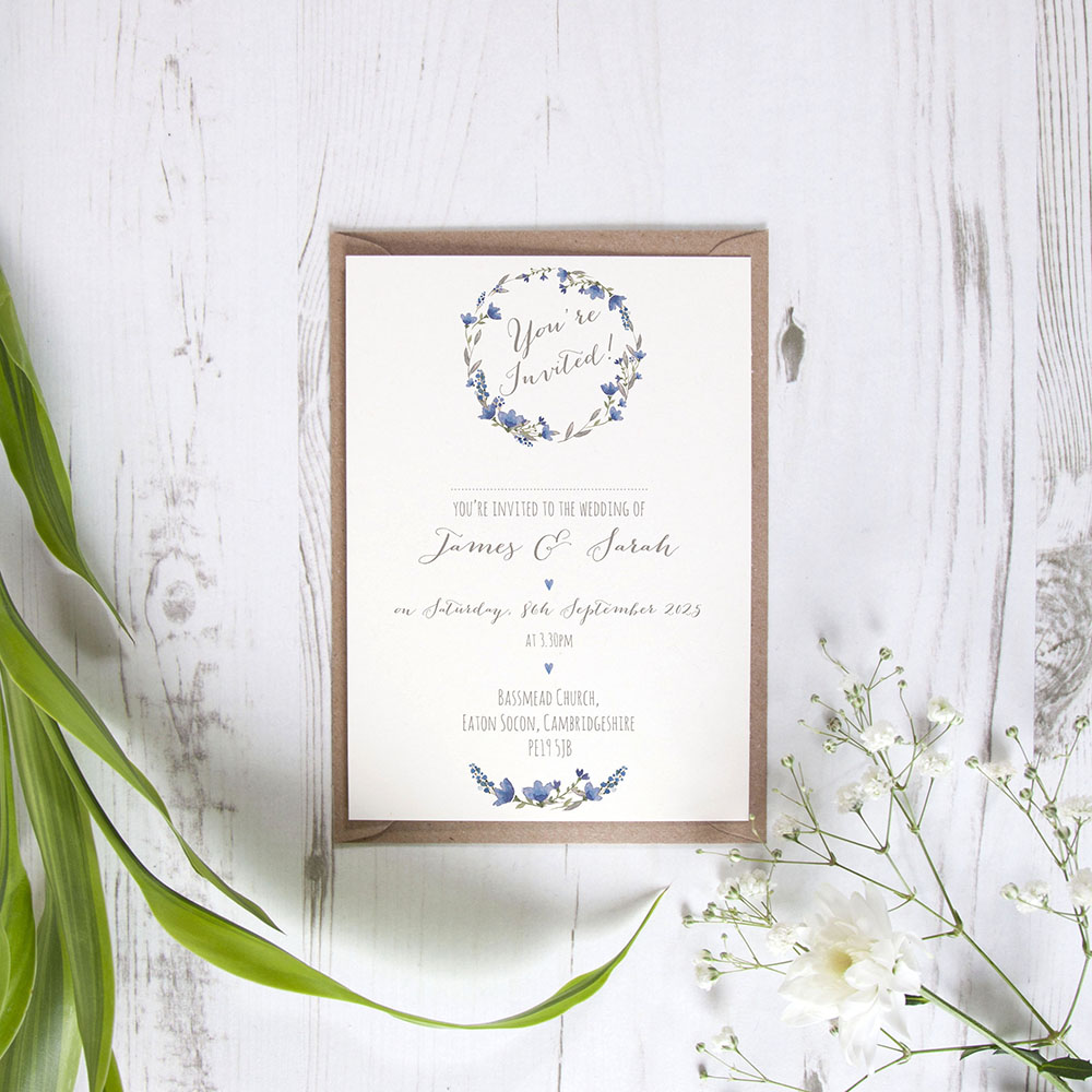 'Blue Floral Watercolour' Standard Wedding Invitation