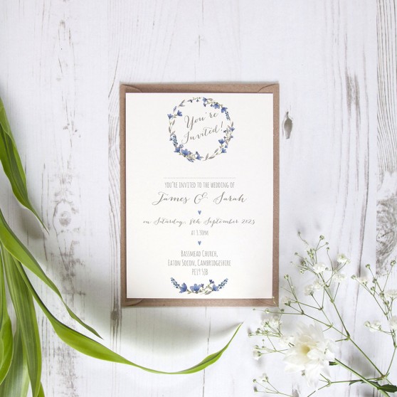 'Blue Floral Watercolour' Standard Wedding Invitation Sample