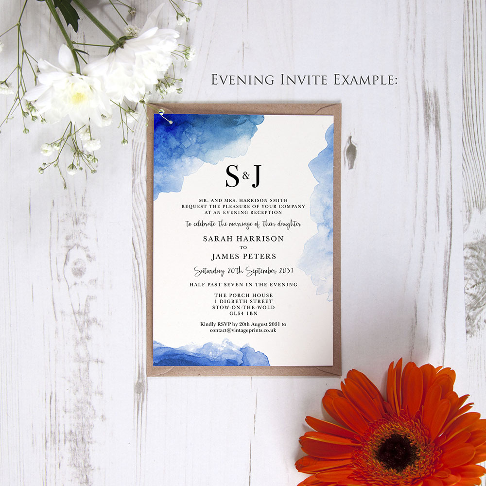 'Blue Splash Watercolour' Standard Wedding Invitation Sample