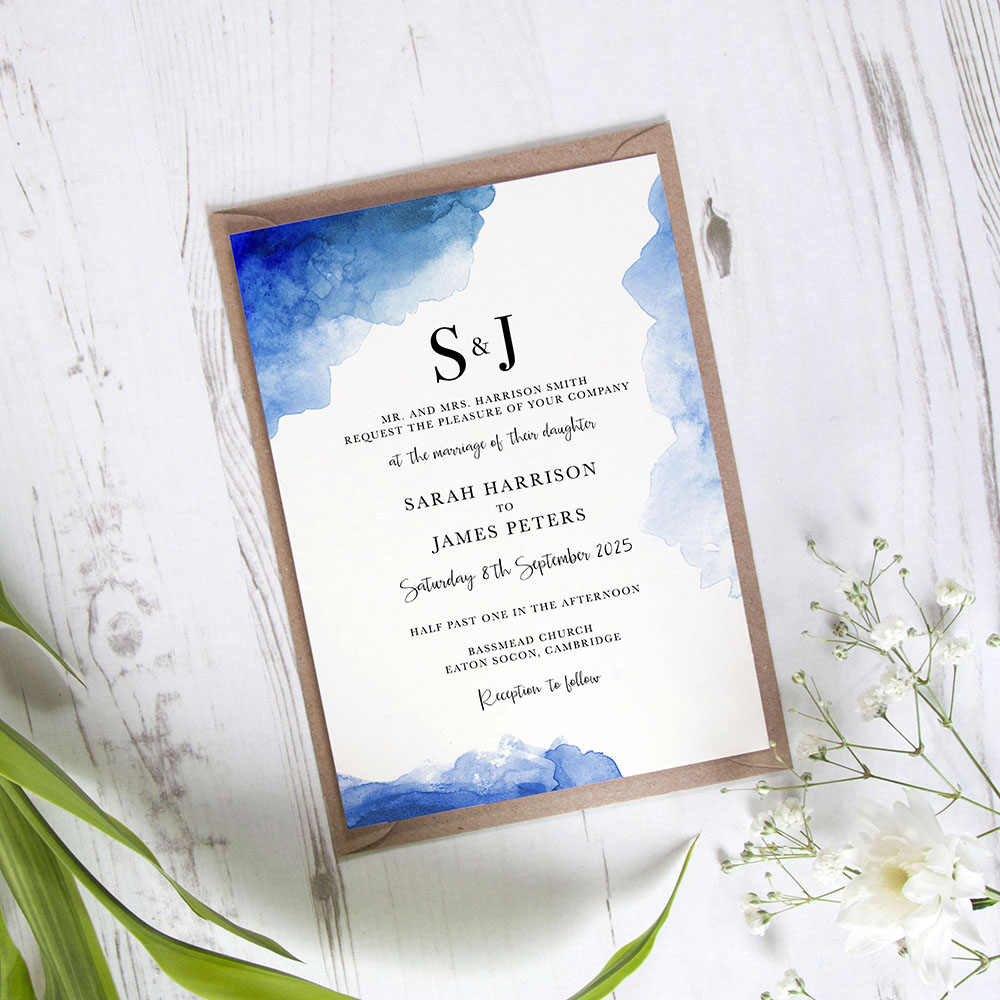 'Blue Splash Watercolour' Standard Wedding Invitation Sample