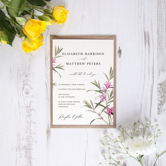 'Pink Botanical' Standard Wedding Invitation Sample
