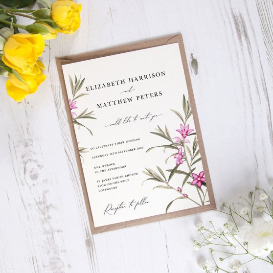 'Pink Botanical' Standard Wedding Invitation Sample