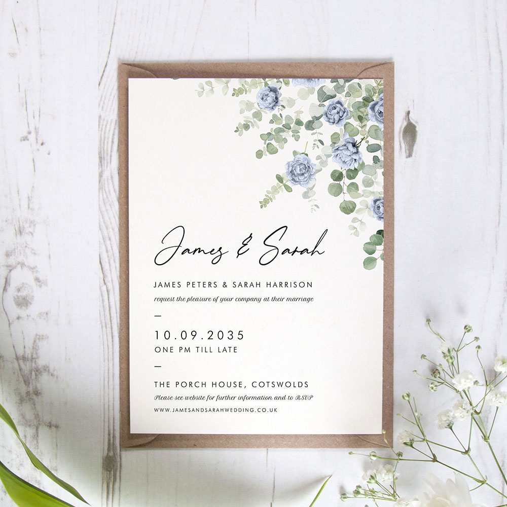 'CE24 Blue Floral Classic Eucalyptus' Standard Wedding Invitation Sample