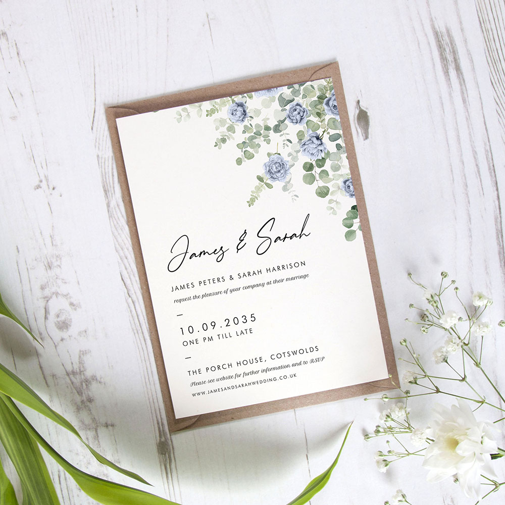 'CE24 Blue Floral Classic Eucalyptus' Standard Wedding Invitation Sample