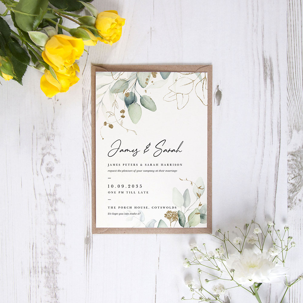 'Green & Gold Eucalyptus' Standard Wedding Invitation