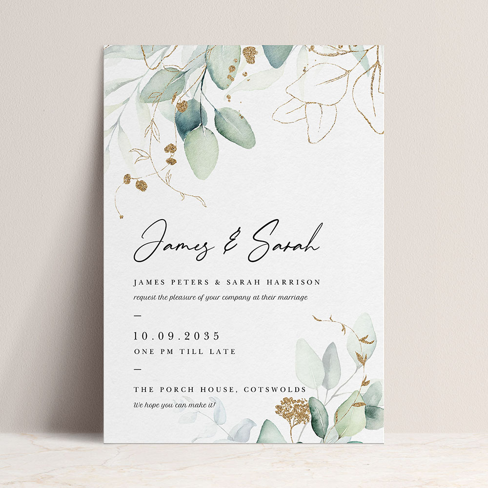 'Green & Gold Eucalyptus' Standard Wedding Invitation