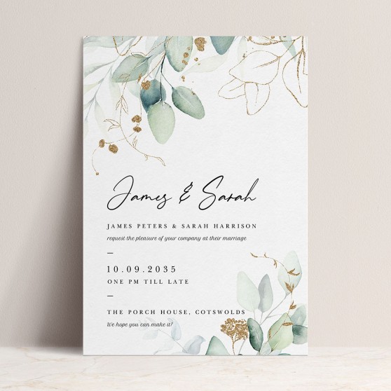 'Green & Gold Eucalyptus' Standard Wedding Invitation Sample