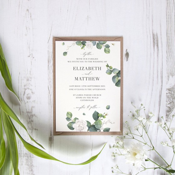 'Eucalyptus White' Standard Wedding Invitation Sample