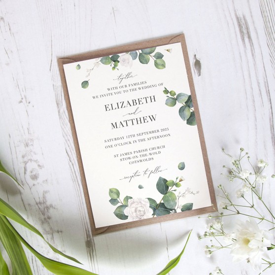 'Eucalyptus White' Standard Wedding Invitation Sample