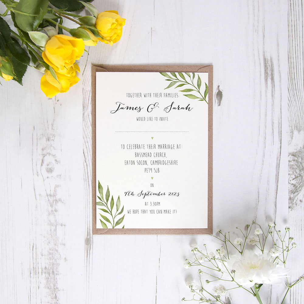 'Green Leaf' Standard Wedding Invitation Sample