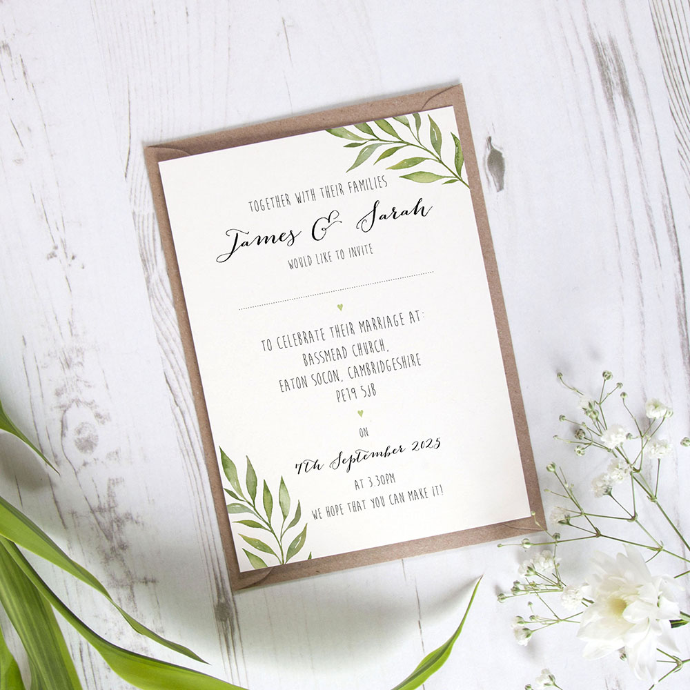 'Green Leaf' Standard Wedding Invitation Sample