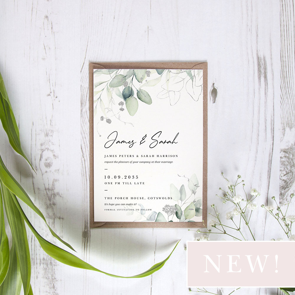 'Silver Eucalyptus' Standard Wedding Invitation Sample