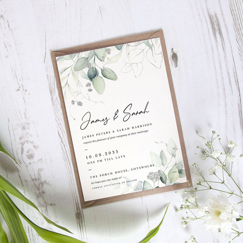 'Silver Eucalyptus' Standard Wedding Invitation Sample