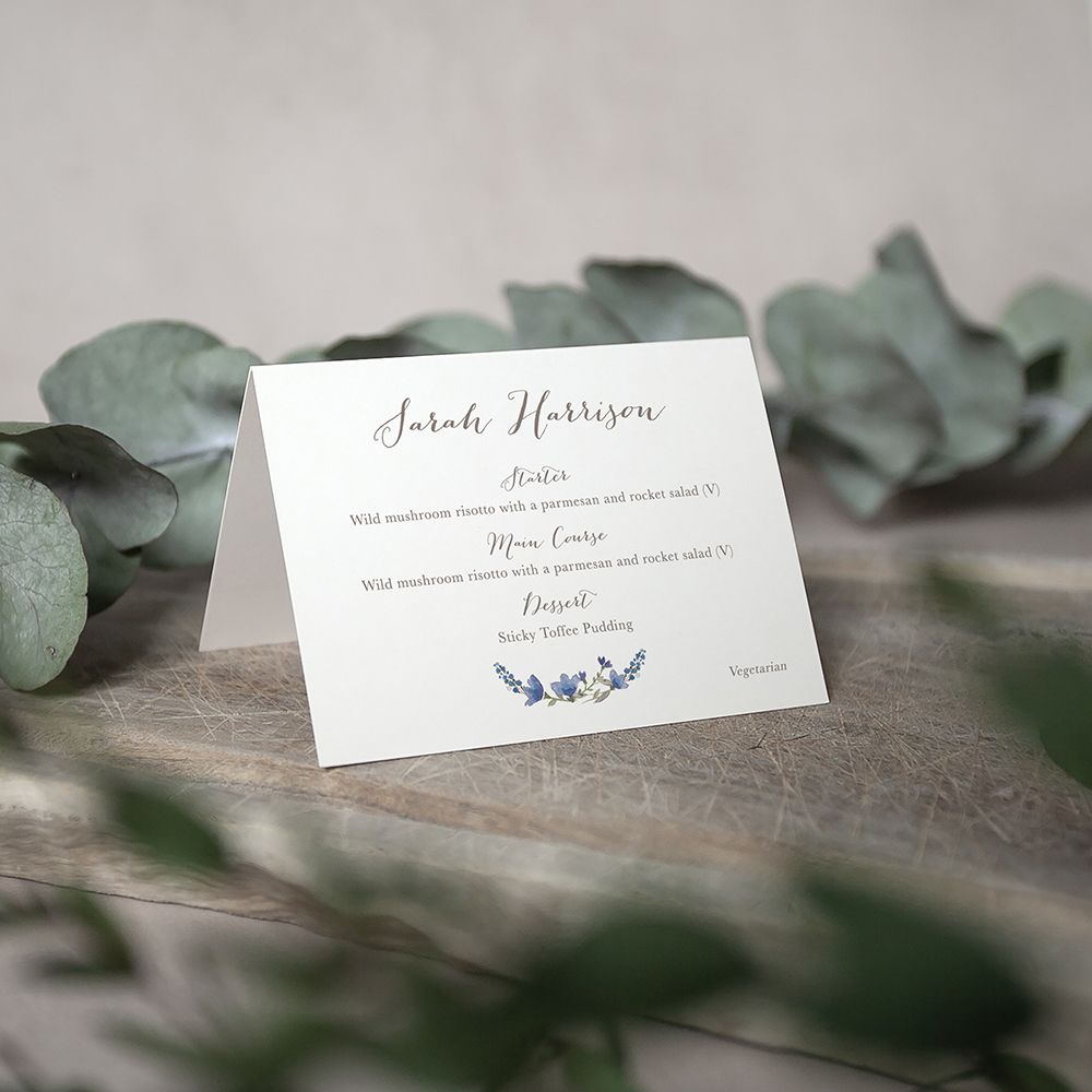 'Blue Floral Watercolour' Menu Place Card