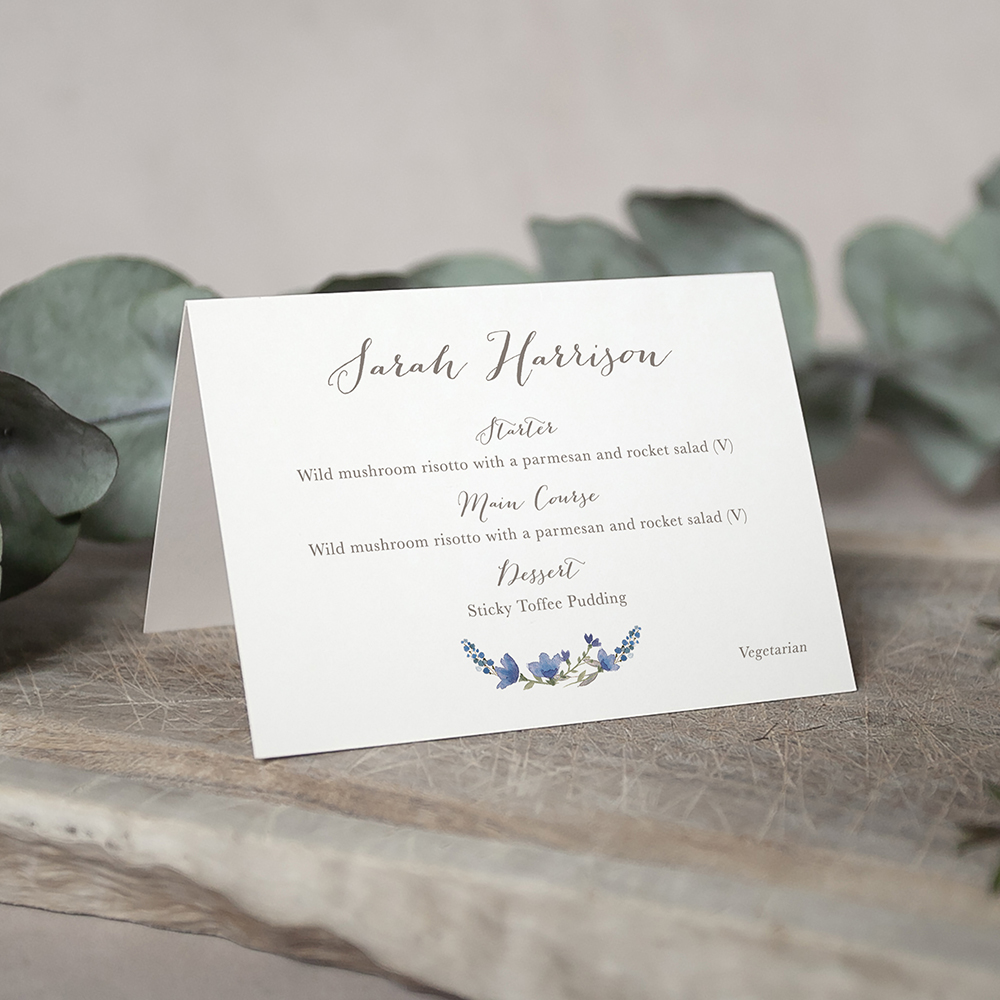 'Blue Floral Watercolour' Menu Place Card