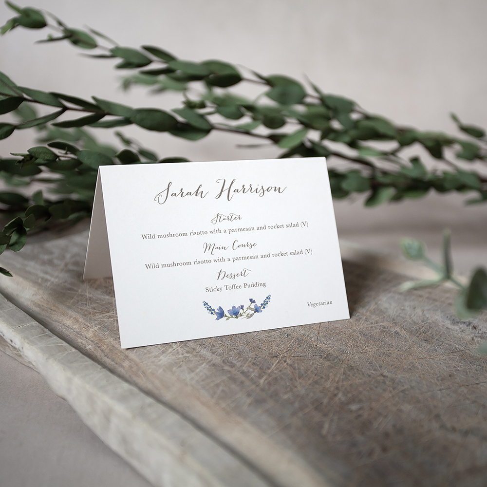'Blue Floral Watercolour' Menu Place Card
