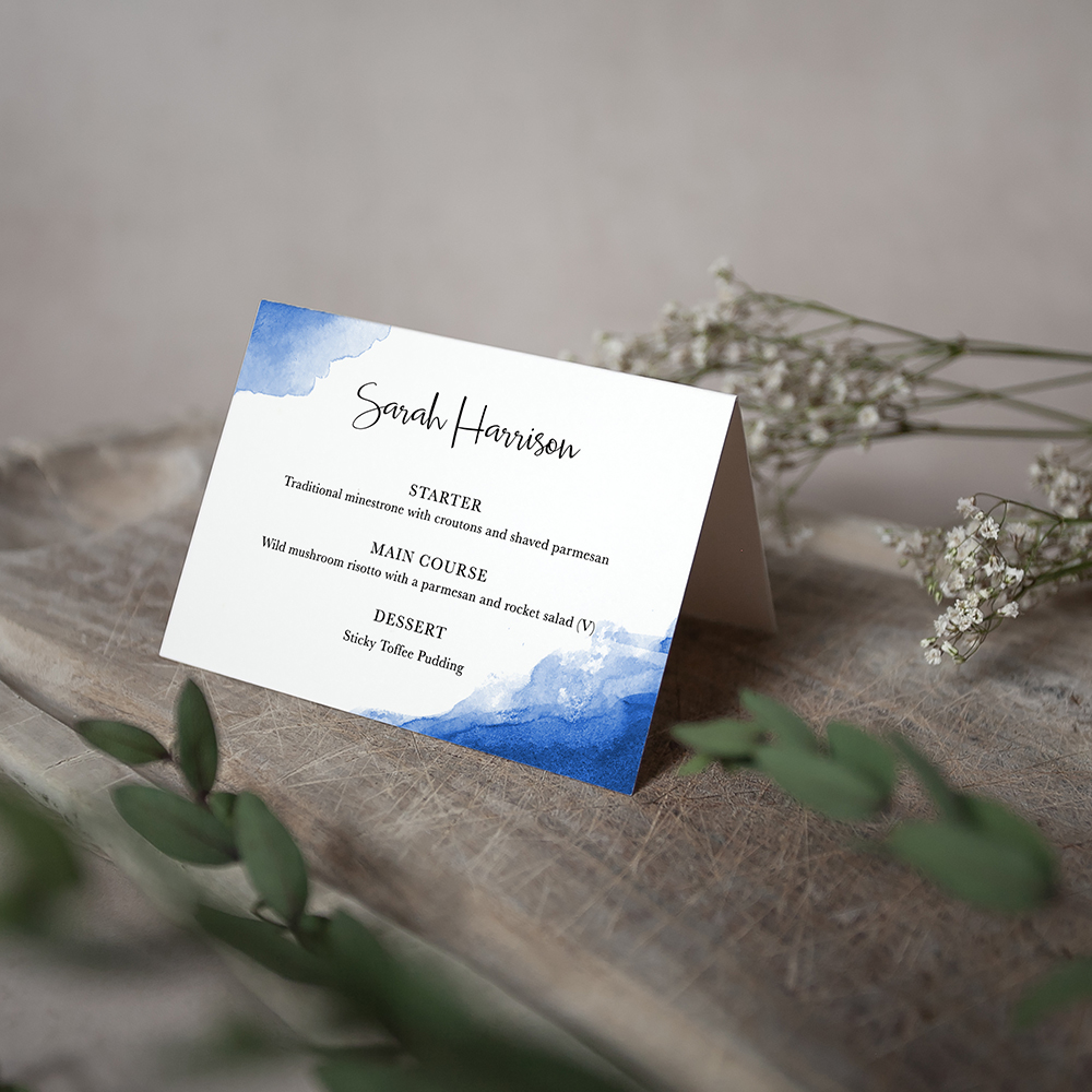 'Blue Splash Watercolour' Menu Place Card