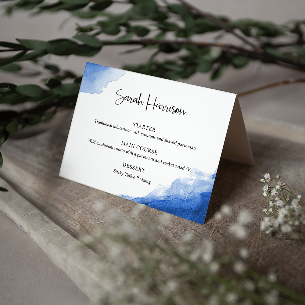 'Blue Splash Watercolour' Menu Place Card