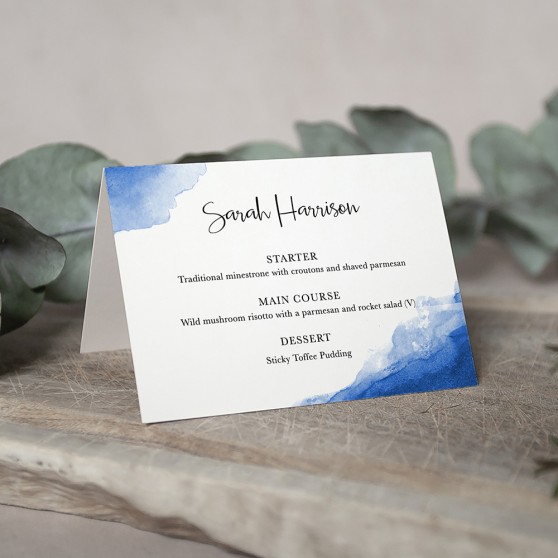 'Blue Splash Watercolour' Menu Place Card