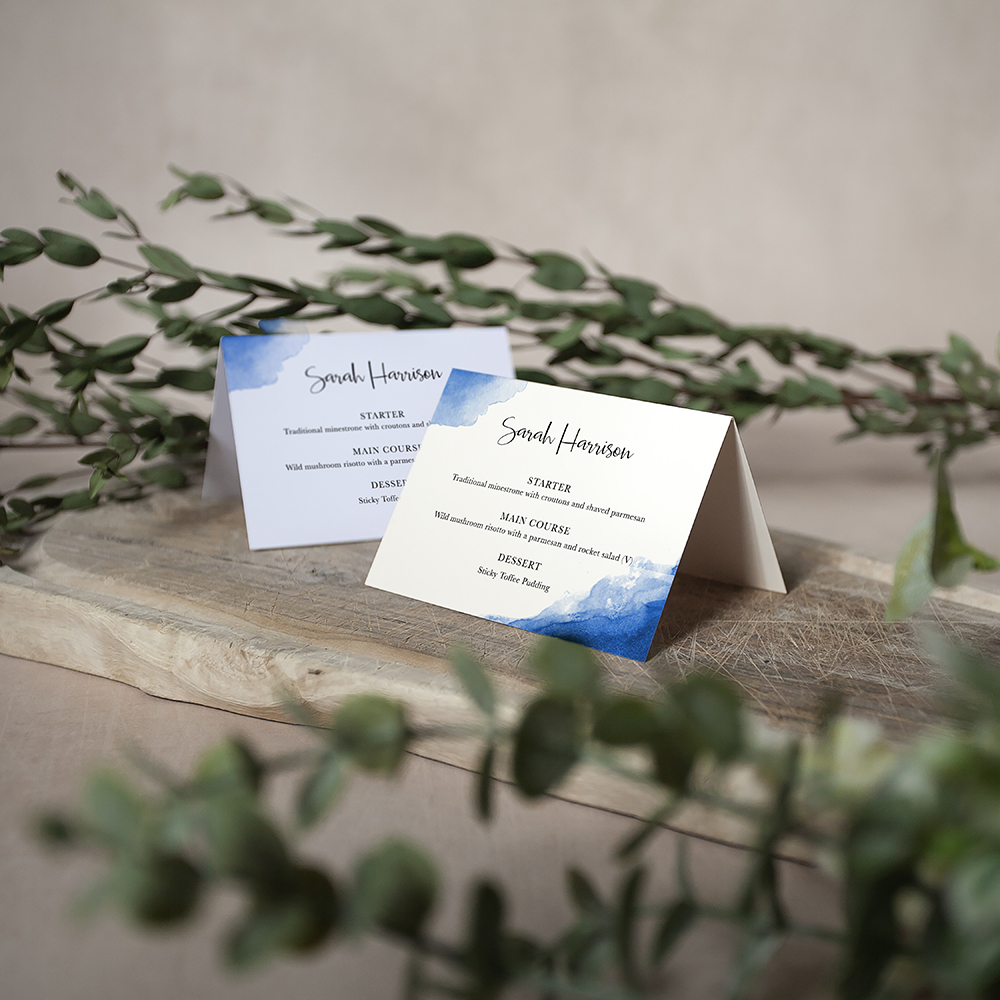 'Blue Splash Watercolour' Menu Place Card