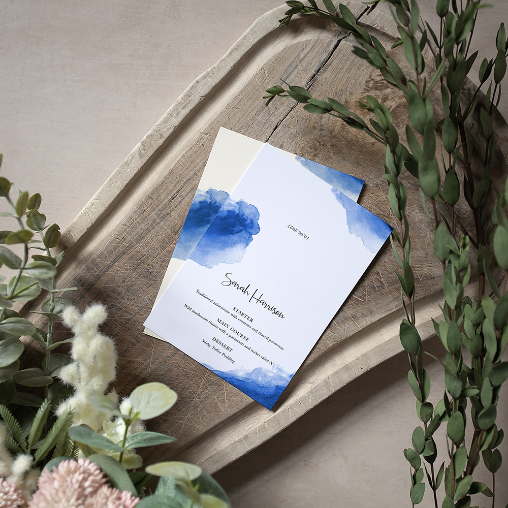 'Blue Splash Watercolour' Menu Place Card