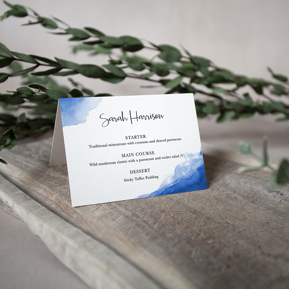 'Blue Splash Watercolour' Menu Place Card