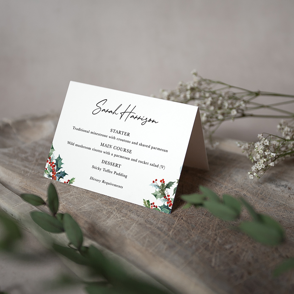 'Christmas Holly' Menu Place Card