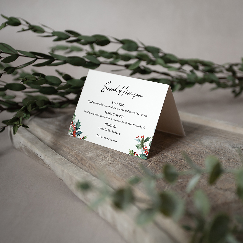 'Christmas Holly' Menu Place Card
