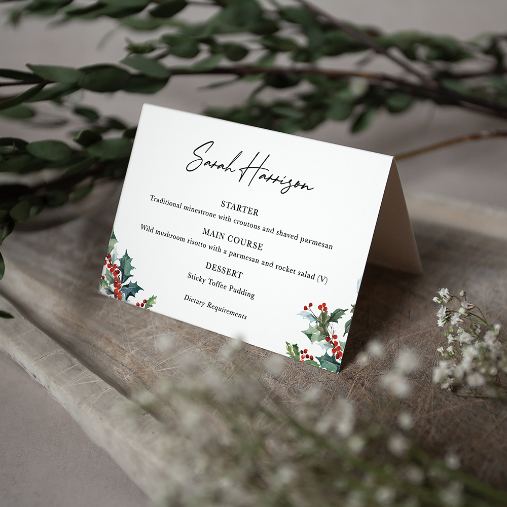'Christmas Holly' Menu Place Card