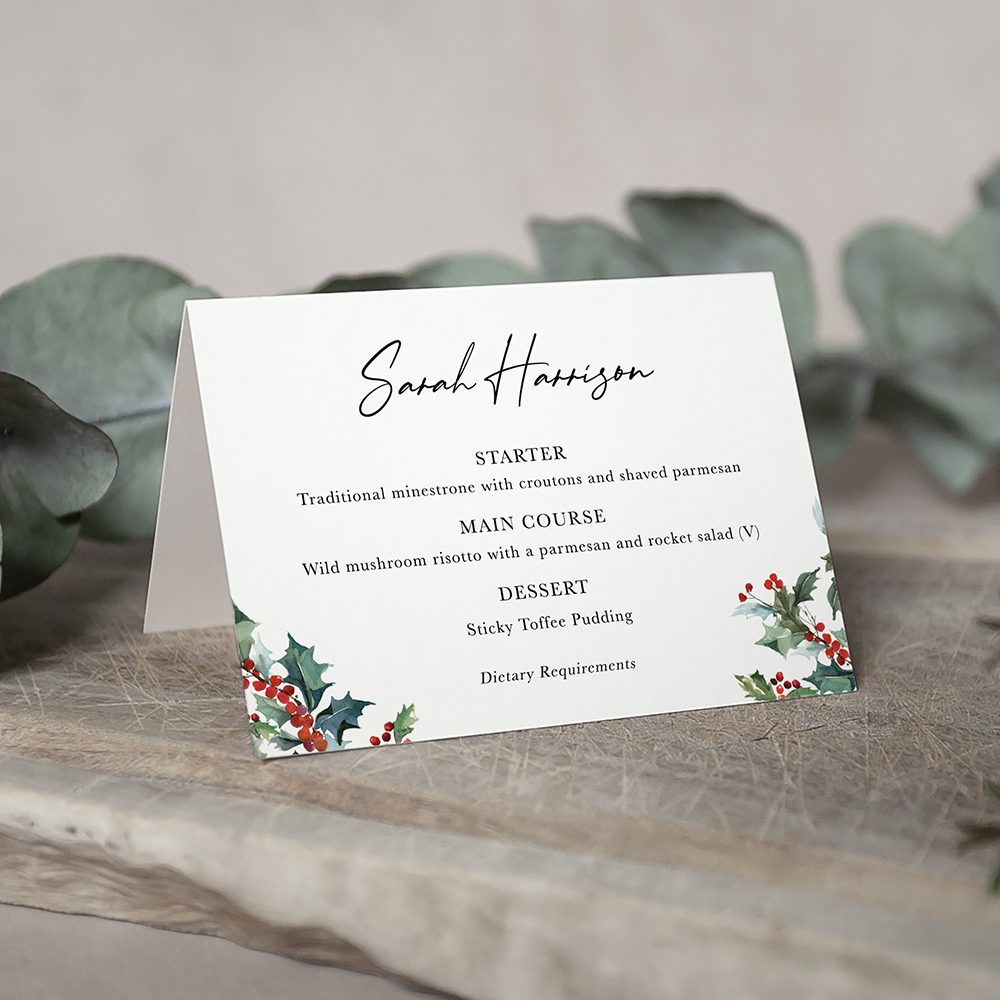 'Christmas Holly' Menu Place Card