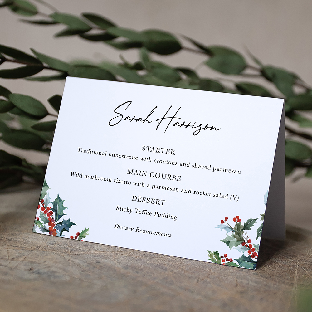 'Christmas Holly' Menu Place Card